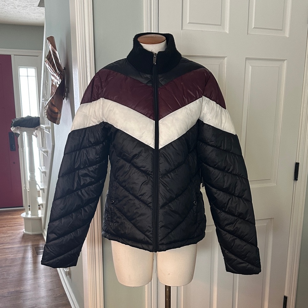 NWT Marc New York Black White & Burgundy Chevron Retro Stripe Puffer Jacket Sz L